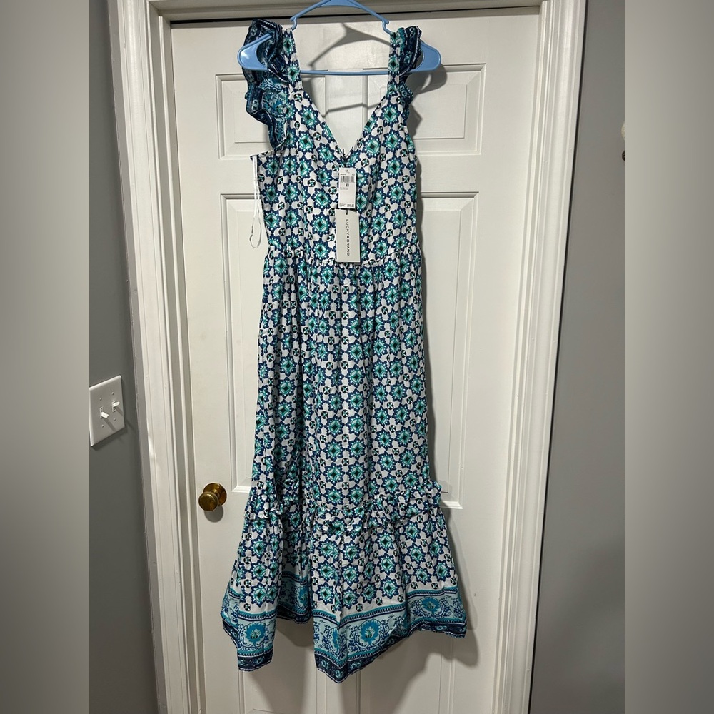 Lucky Brand Blue and White Floral Maxi Dress Ruffle Sleeve, Tiered, Smocked NWT